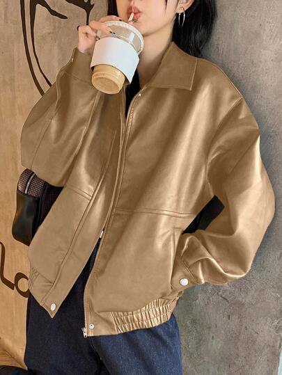 DAZY Women's Solid Color PU Street Casual Long Sleeve Jacket Leather Jacket
