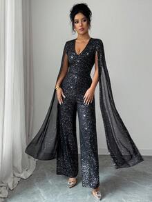 Rafferiza Bộ đồ liền thân tay dài cổ chữ V đính sequin gợi cảm cho nữ - màu đen - Xem 5
