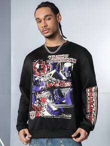 Transformers X SHEIN 男式字母与机器人图案圆领长袖运动衫 - 黑色 - 查看 3