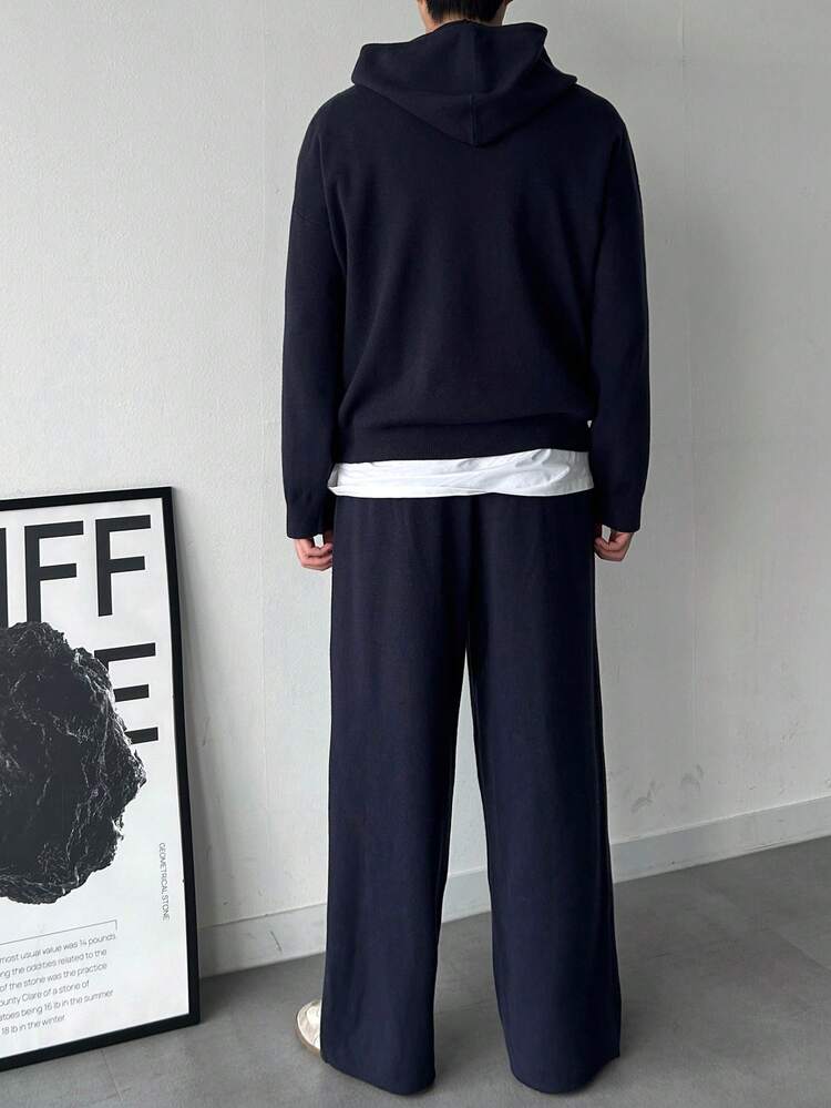 Men's Navy Blue Knitted Hoodie Set, Autumn/Winter