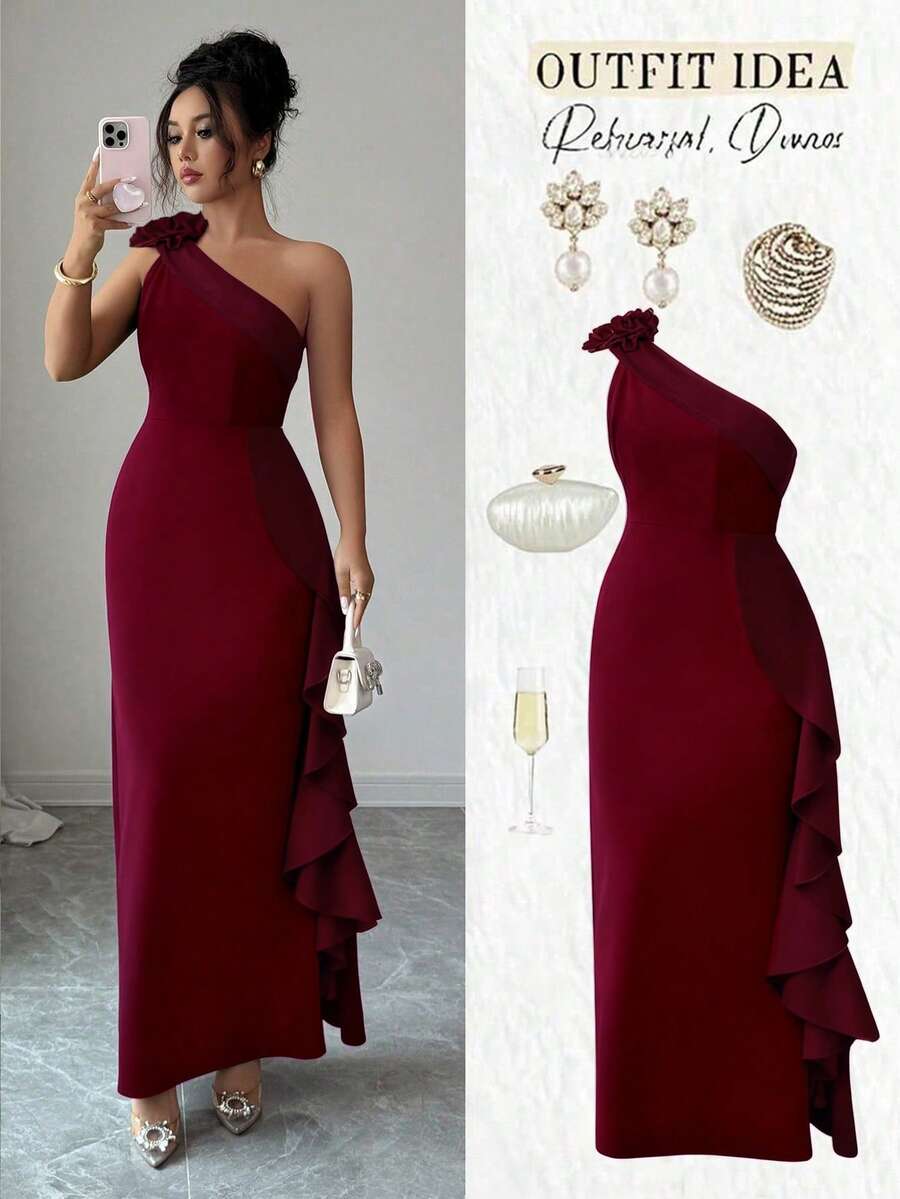 SHEIN Elenzya Women's New Oblique Shoulder Contrast Color 3D Floral Ruffle Waist Mermaid Hem Elegant Maxi Dress - Burgundy - View 1