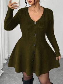 Elenzga Plus Size Fall Solid V-Neck Button Placket Peplum Hem Cardigan - Olive Green - View 6
