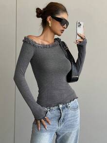DAZY Women's Autumn Lace Patchwork Tie Shoulder T-Shirt Long Sleeve Top - Dark Grey - View 6