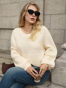 Juhart Plus Size Solid Color Casual Pullover Sweater, Autumn/Winter - Apricot - View 3