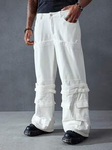ROMWE MEN Street Life Quần jeans ống rộng ống rộng có túi màu sáng dành cho nam - trắng - Xem 4