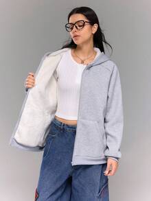 Teen Girl Solid Color Raglan Sleeve Zip-Up Casual Hoodie Jacket, Thermal Lined, Autumn/Winter - Grey - View 3