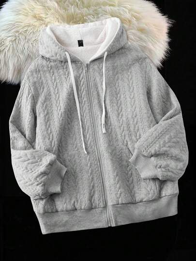 Franclia 大码纯色连帽抽绳长袖拉链夹克