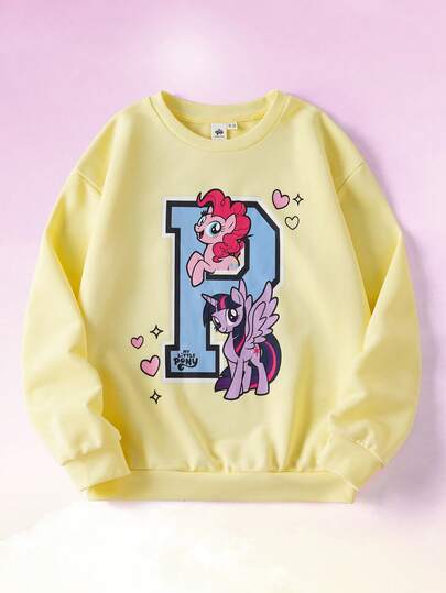 My Little Pony X SHEIN Bluza z nadrukiem koni dla nastolatek, luźna, z opadającymi ramionami, jesienna