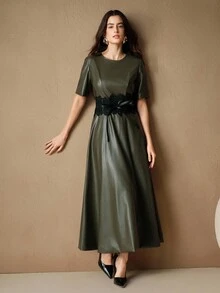 Anewsta Váy chữ A thu/đông cho nữ có cạp chun có thể tháo rời và điều chỉnh được, váy dài cổ tròn bằng da PU, váy dự tiệc thanh lịch, giáng sinh, năm mới, trang trọng, sang trọng - xanh quân đội - Xem 6