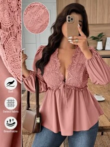 Weeklong Plus Size Women Contrast Lace V-Neck Tie Front Lantern Sleeve Ruffle Hem Sexy Blouse - Dusty Pink - View 1