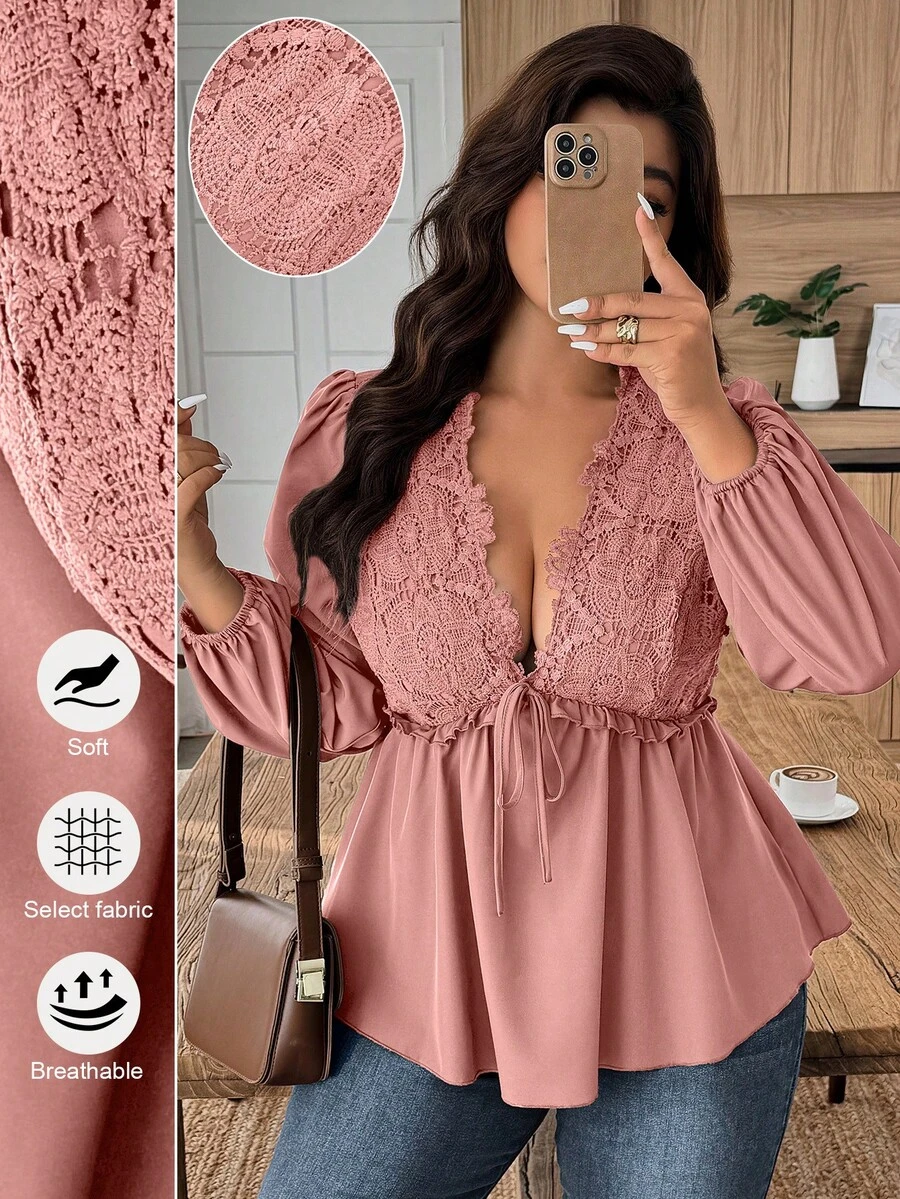 Weeklong Plus Size Women Contrast Lace V-Neck Tie Front Lantern Sleeve Ruffle Hem Sexy Blouse - Dusty Pink - View 1