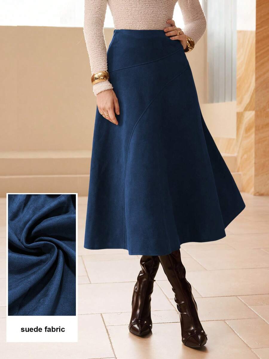 Modelyn Solid Color Faux Suede Flared Elegant Long Skirt For Women - Royal Blue - View 1