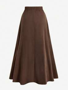 Franclia Gonna a vita alta e ampia per taglie forti, elegante per ufficio/casual/appuntamenti, decorata con bottoni dorati/color caffè, gonna lunga modesta di colore marrone scuro, gonna a campana marrone scuro, gonna marrone cioccolato - Caffè Marrone - Visualizzare 2