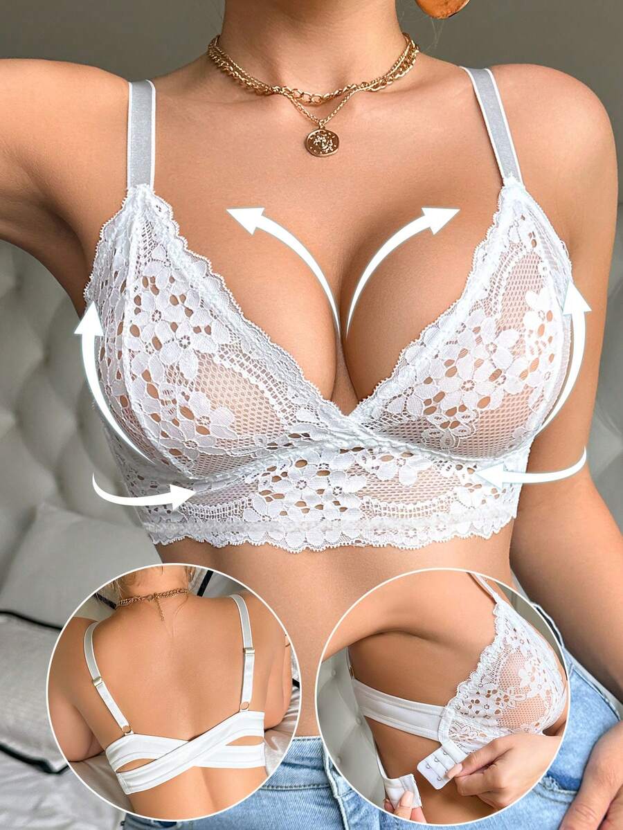 SHEIN 1pc Women's Lace Wireless Comfortable Bra Lingerie Bra - White - View 1