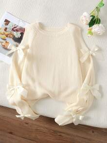 SHEIN Pull pour adolescente couleur unie col rond avec décoration nœud, décontracté et polyvalent, vêtements de rentrée scolaire automne hiver - Nude - Voir 1