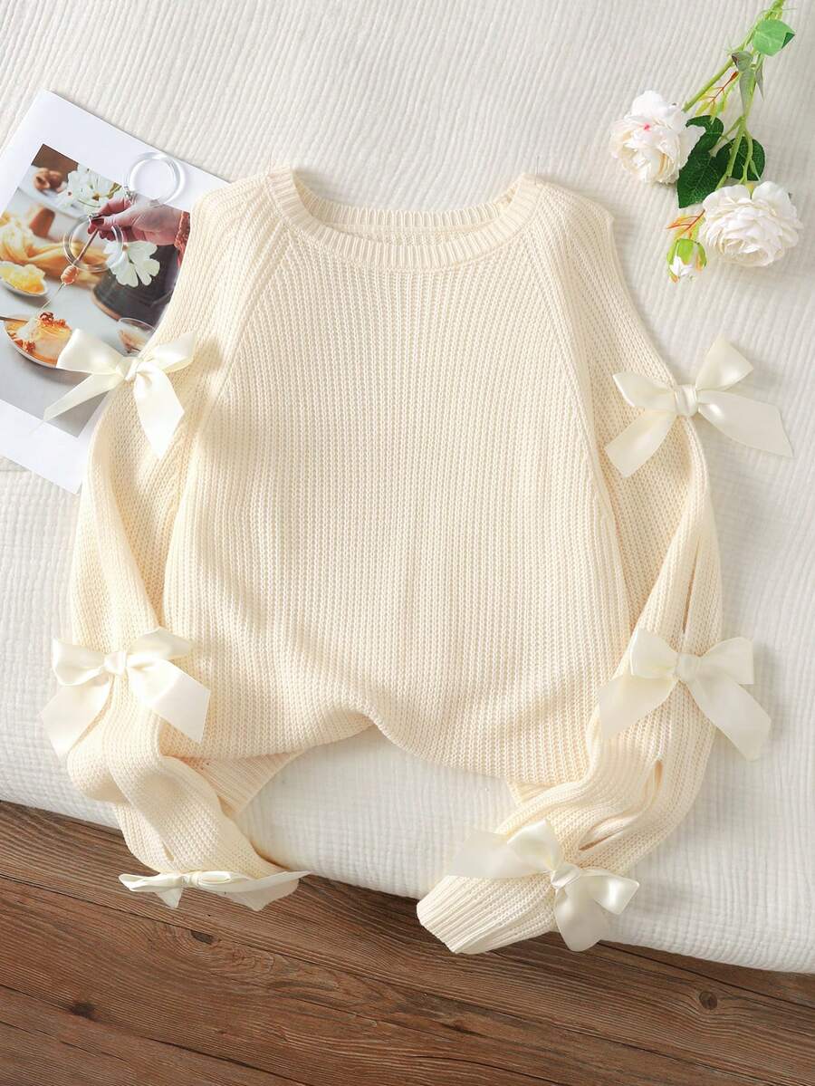 SHEIN Pull pour adolescente couleur unie col rond avec décoration nœud, décontracté et polyvalent, vêtements de rentrée scolaire automne hiver - Nude - Voir 1