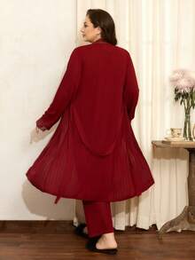 Côtesoire 3pcs Set: Plus Size Lace Patchwork Ribbed Camisole Top And Pants And Robe Plus Size Night Wear Plus Size Sleepwear Set Fall Winter Clothes - Burgundy - View 2