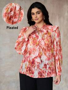 Flirla Áo cánh xếp ly voan in họa tiết thanh lịch cỡ lớn dành cho nữ, mùa xuân/thu - Nhiều màu - Xem 1