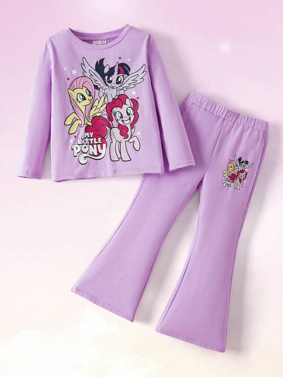 My Little Pony X SHEIN Young Girl Casual Cute Horse Print Long Sleeve Top And Flare Pants Set, Autumn - Purple - View 1