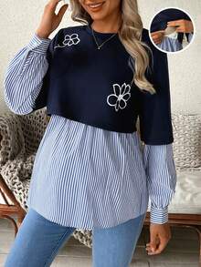 SHEIN Felpa da allattamento a 2 in 1 con stampa floreale, patchwork e righe per gravidanza - Blu - Visualizzare 1