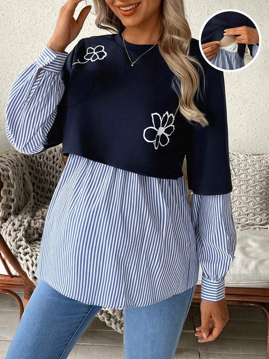 SHEIN Felpa da allattamento a 2 in 1 con stampa floreale, patchwork e righe per gravidanza - Blu - Visualizzare 1