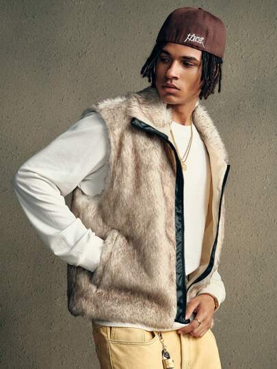 AXEPEAK Men's Casual Faux Fur Zip-Up Vest, Autumn/Winter