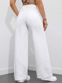 SHEIN ICON 大码女式休闲度假棕色无弹力直筒牛仔裤 - 白色 - 查看 2