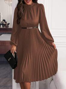 EMERY ROSE Solid Color Lantern Sleeve Dress With Pleated Hem Maxi Women Outfit - Rust Brown - View 4