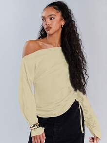 Athîral 女士休闲纯色不对称领抽绳上衣，秋季 - 杏色 - 查看 5