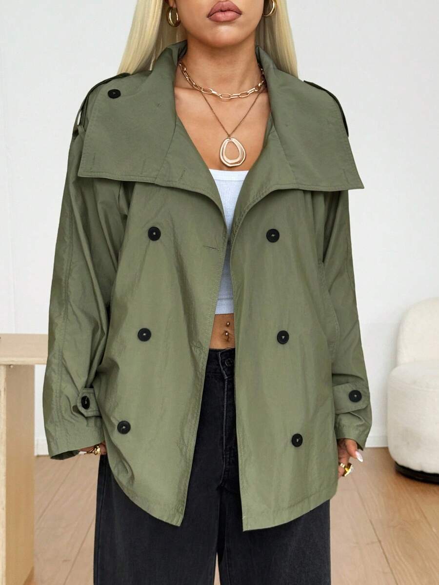SHEIN EZwear Women's Olive Green Autumn Casual Occasion Windbreaker,High Neck Belt Waist Raglan Sleeve Woven Double-Breasted Winter Jacket Christmas Clothing - Green - View 1