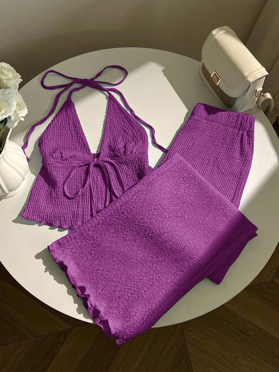 Elamini 女式夏季性感纯色纹理面料褶皱吊带上衣和宽松阔腿裤套装 - 紫羅蘭色 - 查看 1