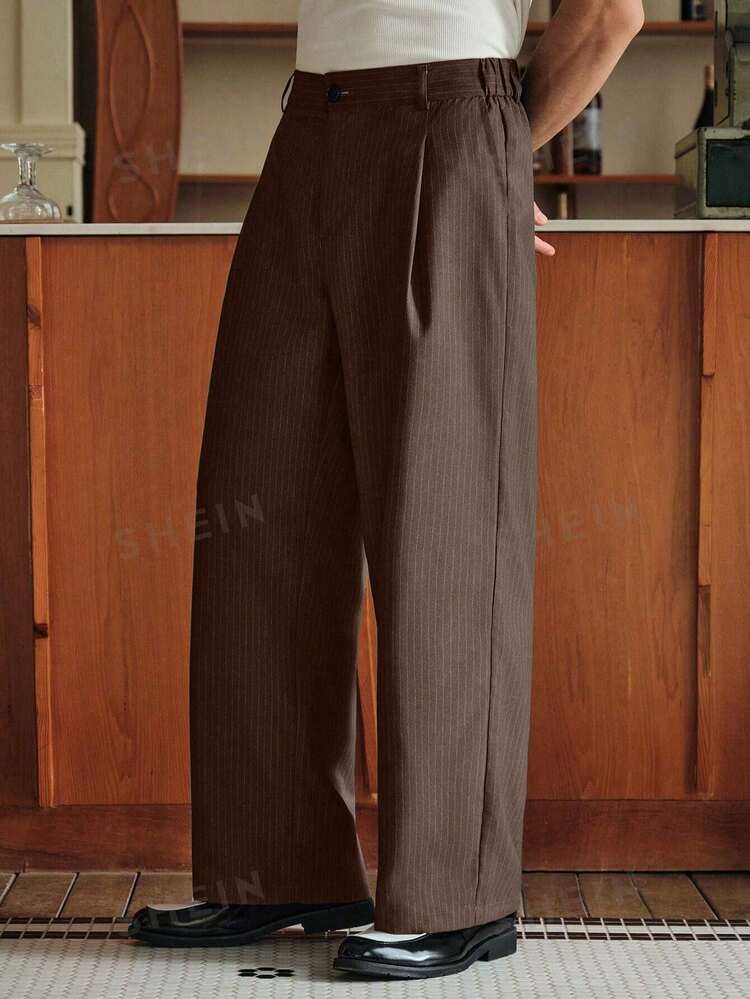 SWAVVY Men's Casual Commuter Striped Slant Pocket Suit Pants - Brown - View 1