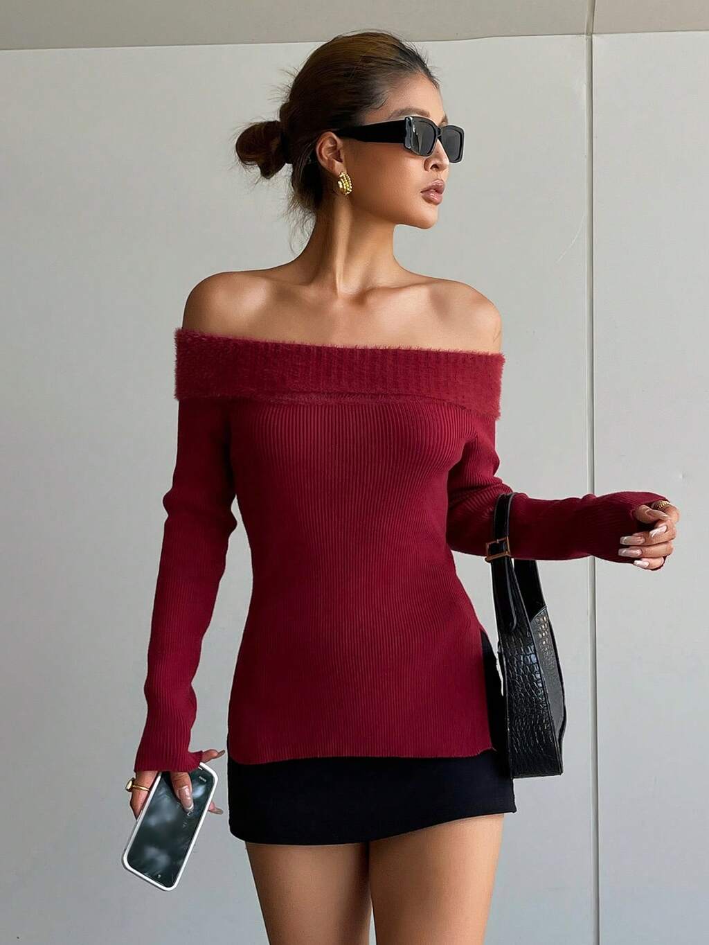 1pc Women's Off Shoulder Fitted Fuzzy Sweater, Autumn/Winter,New Year Y2k