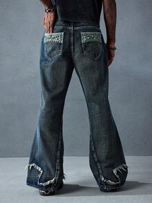 ROMWE MEN Street Life Herren Lässig Mode Straße Vintage Rohe Kante Weite Loose-Fit Jeans - Blau - Übersicht 1