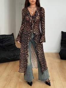 Coolane Áo khoác dài nữ mùa đông/mọi mùa, phong cách tiệc tùng, hội chợ thời Phục Hưng, hippie, lễ hội âm nhạc, vintage gyaru, dây lưới, bèo nhún, ruy băng, họa tiết da báo. - màu nâu - Xem 3