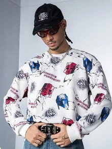 Transformers X SHEIN 男士休闲时尚街头全印花落肩宽松套头衫，春秋季 - 彩色 - 查看 4