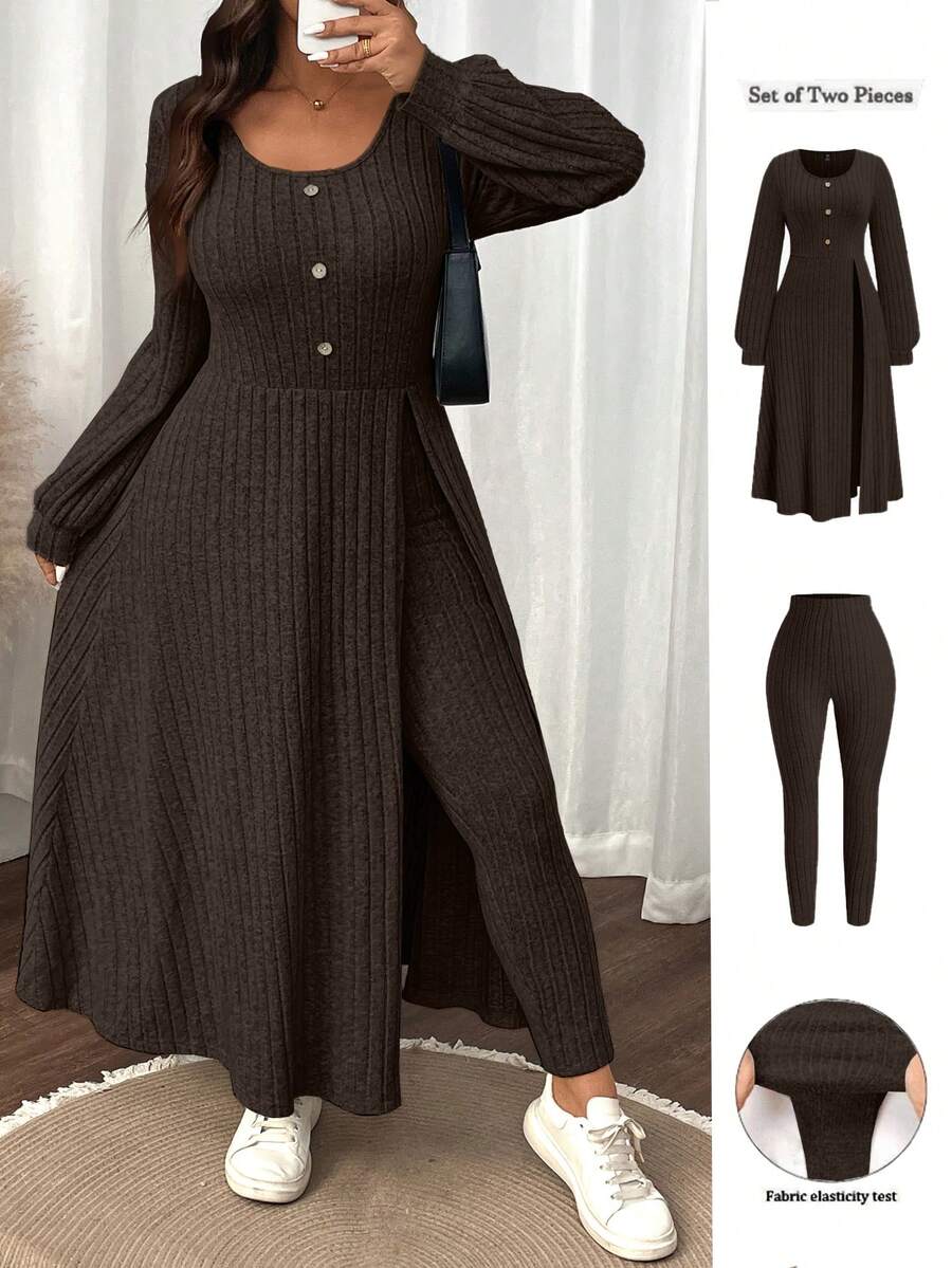 SHEIN LUNE 大码女式纯色毛绒罗纹简约休闲秋冬上衣和修身裤套装 - 咖啡棕 - 查看 1