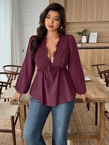 EMERY ROSE Plus Size Solid Color Lace Patchwork Deep V-Neck Twist Front Long Sleeve Blouse - Burgundy - View 4