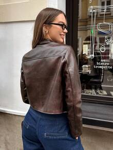 SHEIN Damen gestreifter Lässig Braun Kunstleder Motorrad Kurzblazer mit Langarm, Retro Lässig Stil für den Herbst, Old Money Stil, Scheunenstil, Herbst Muss-haben Mantel, für den täglichen Ausgang, Treffen mit Schwester, Lässig Zuhause, bequem und einfach, Flughafen Outfit - Braun - Übersicht 3