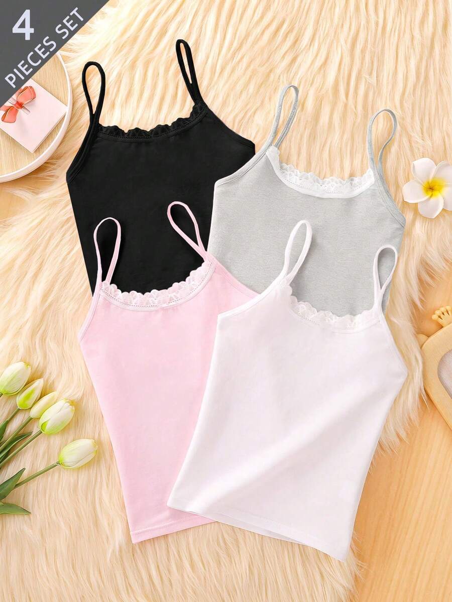 Genkimix Kids 4pcs/Set Girls Solid Color Soft Cotton Lace Front Sports Bra & Shorts Set, Basic Versatile Activewear Girls Cami - Multicolor - View 1