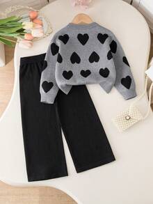 Genkimix Kids Young Girl Heart Pattern Jacquard Knit Sweater & Black Pants 2-Piece Set, Autumn/Winter Girls Sweater Sets Winter Young Girls Sets Girls Spring And Autumn Suit 2pcs Set Young Girls Cute Vintage Style Girl Knit Set Girls Sweater Sets Two Pieces Set Winter Young Girls Sets Girls Ribbed Set Girl Knit Set Girls Sweater Sets Girls Suit Set Girls Spring And Autumn Suit Long Sleeve Set Girl Warm Sets Two Pieces Winter Outfits For Young Girls' Trouser Suit Two Pieces Pants Set Girls Fall Outfit Girls Casual Wear Girl S Spring And Autumn Suit - Light Grey - View 2