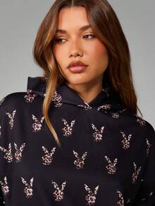 Missguided x Playboy Leopard Print Bunny Head Pattern Long Sleeve Hoodie With Drawstring For Casual Winter Wear - Multicolor - View 5