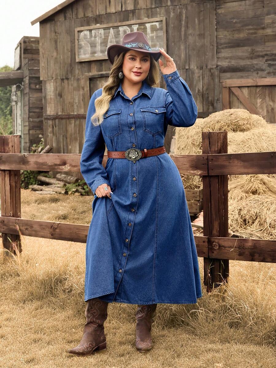 EMERY ROSE Váy denim giặt cỡ lớn cho nữ, Thu/Đông - Rửa trung bình - Xem 1