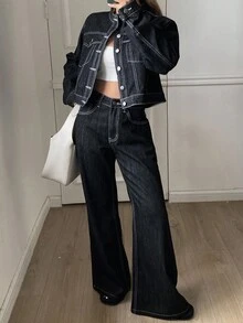 DAZY 女士圆领开衫和喇叭裤街头休闲时尚优雅牛仔套装 - 深色水洗藍 - 查看 2