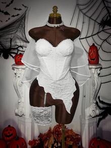 Áo nịt ngực bó sát gợi cảm hình trái tim Amplova Halloween Corpse Bride Y2K cỡ lớn cho nữ, dùng cho tiệc Halloween - Màu be - Xem 10