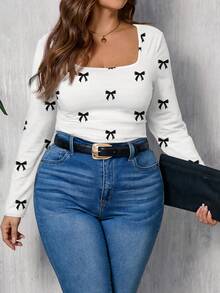 EMERY ROSE Plus Size Women Casual Bow Print Long Sleeve Square Neck T-Shirt,Flower/Spring/Summer/Vacation Fall - Multicolor - View 1