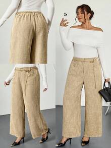 Firerie Pantalones casuales elegantes a juego para mujer de talla grande con cadena metálica y decoración de botones, adecuados para el trabajo, la oficina, el transporte, otoño/invierno - Caqui - Ver 8