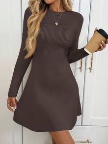 Easowa Vestido de punto ajustado de línea A color albaricoque para mujer - Café integral - Ver 5
