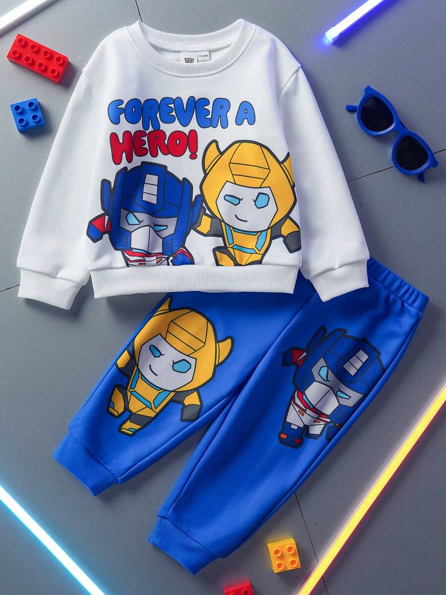 Transformers X SHEIN 男婴休闲卡通机器人印花圆领卫衣和裤子套装,秋季 - 彩色 - 查看 1