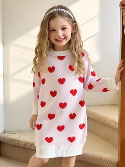 1 件女童柔软针织毛衣，绣有心形图案，百搭舒适，适合圣诞节、情人节、度假、学校、郊游、家庭聚会、玩雪、休闲装、秋冬季